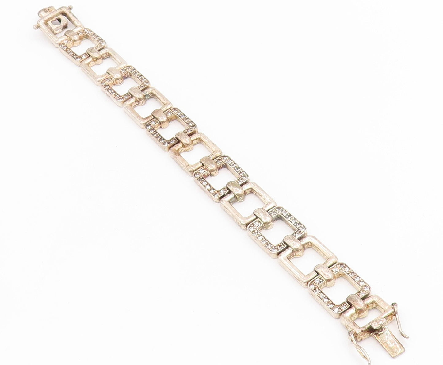 925 Sterling Silver Vintage Bracelet CZ Hollow Geometric Square Link  BT11698