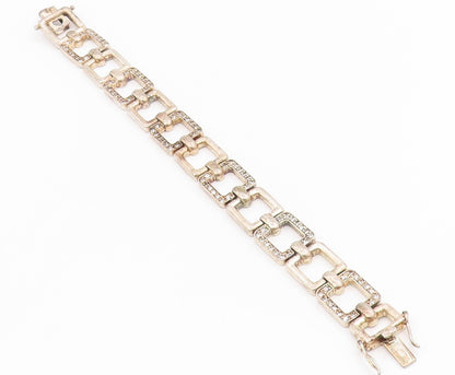 925 Sterling Silver Vintage Bracelet CZ Hollow Geometric Square Link  BT11698