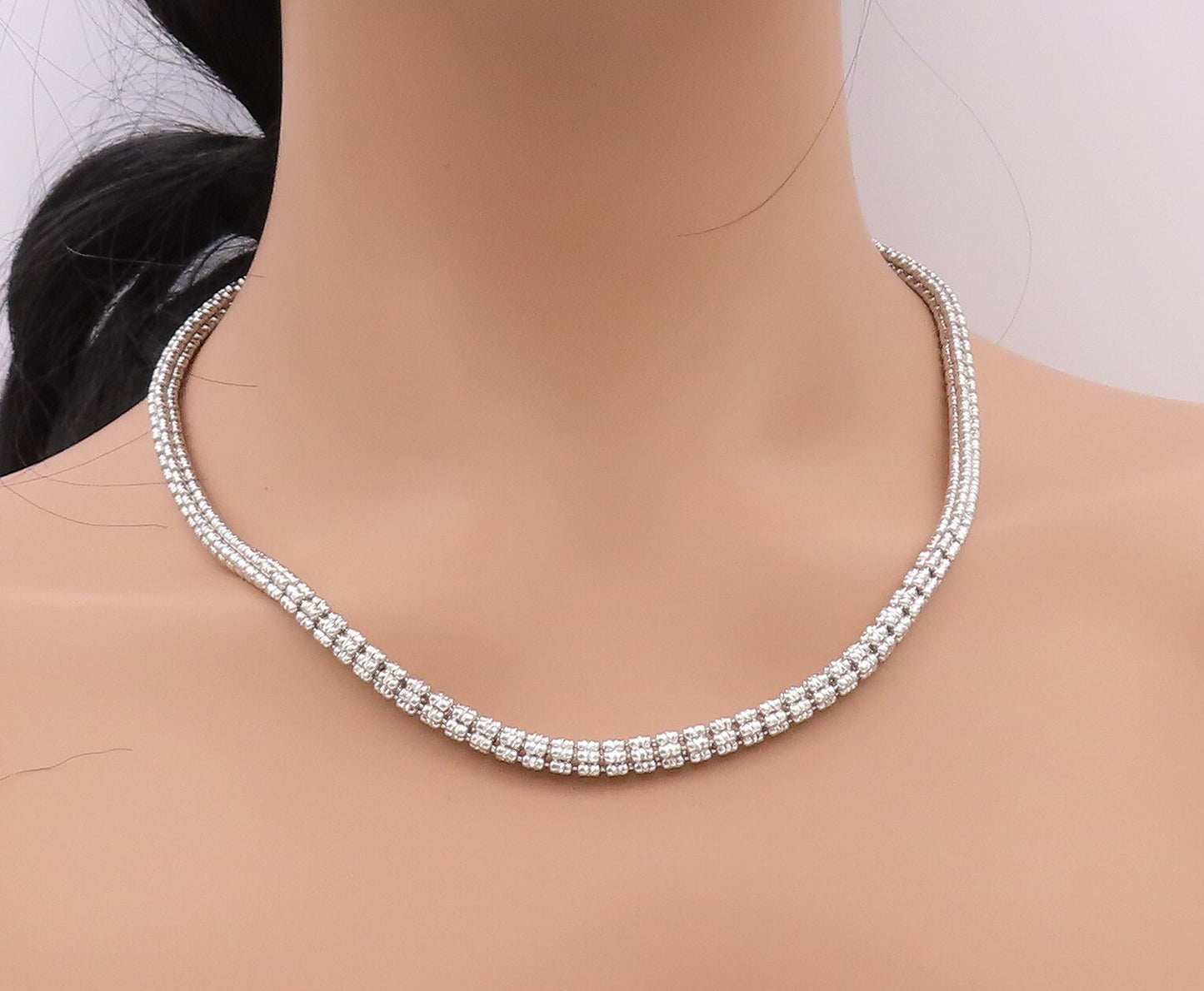 925 Sterling Silver Vintage Necklace Designer Beaded Cuboids Carved Chain NE4334