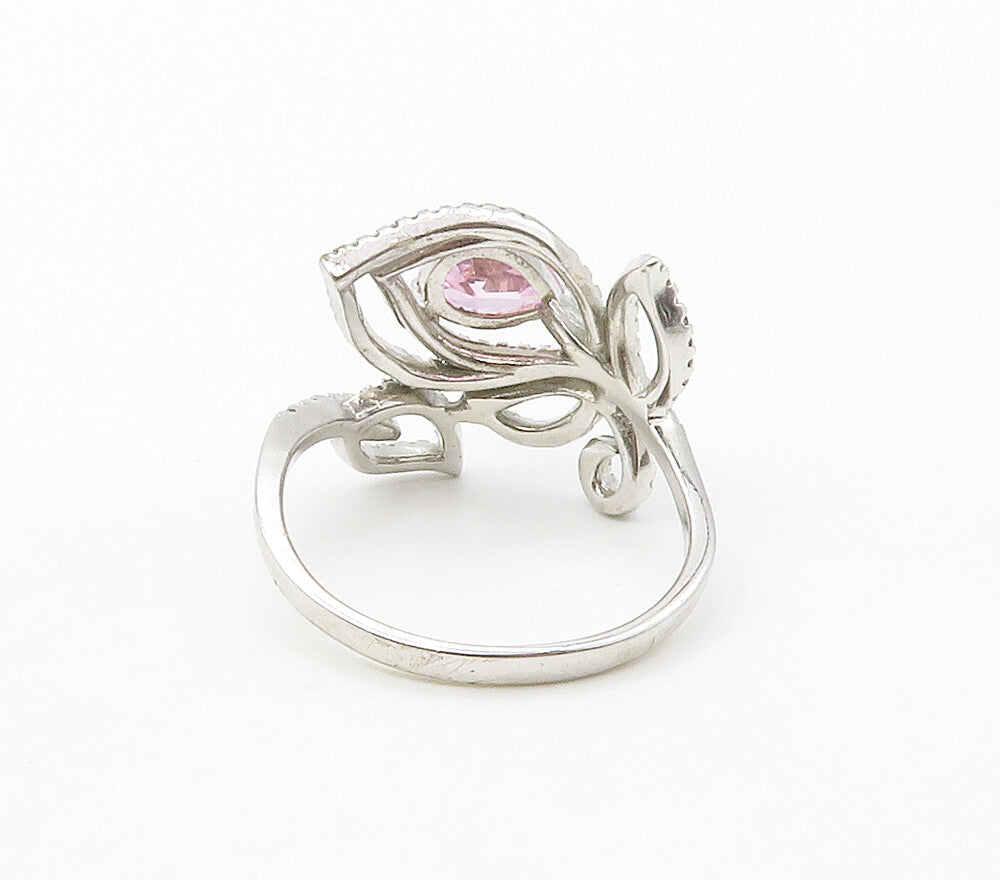 925  Silver  Pink & White Cubic Zirconia Floral Bypass Ring Sz 10  RG16739