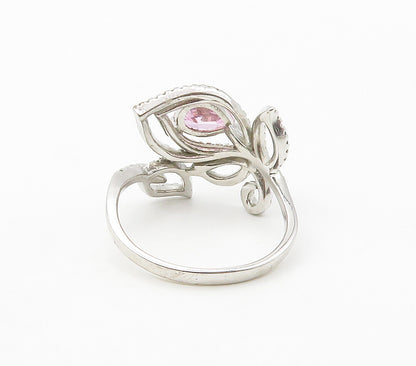 925  Silver  Pink & White Cubic Zirconia Floral Bypass Ring Sz 10  RG16739