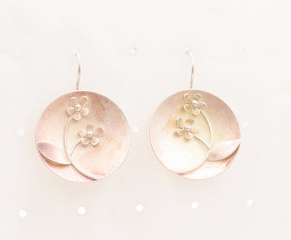 925 Sterling Silver Vintage Earrings Solid Round Plate Carved Flowers   EG13042