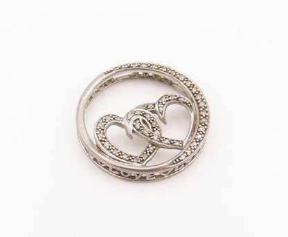 925 Sterling Silver Vintage Pendant Real Diamonds Inlay Cutout Hearts  PT24263