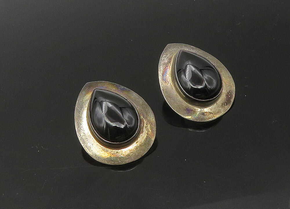 925 Sterling Silver  Vintage Cabochon Cut Black Onyx Drop Earrings  EG10999