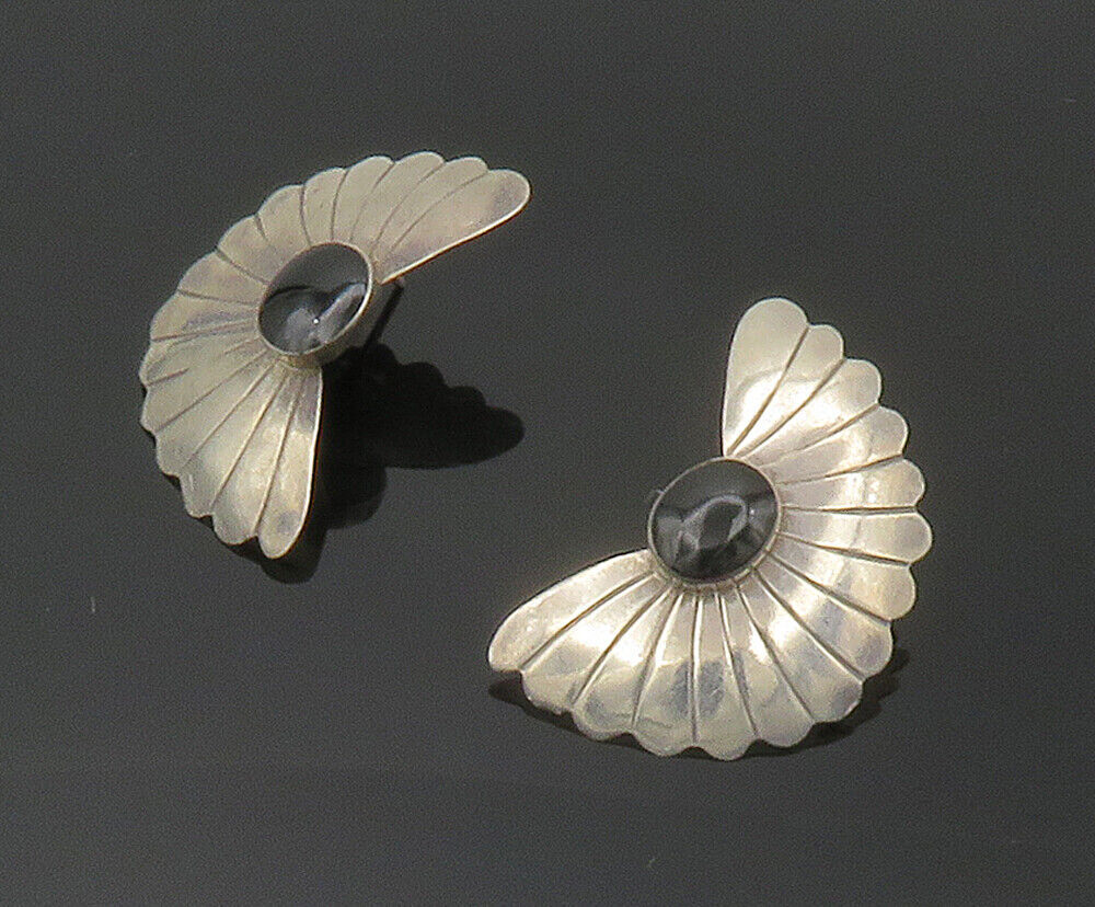 NAVAJO 925 Silver  Vintage Cabochon Cut Black Onyx Drop Earrings  EG7711