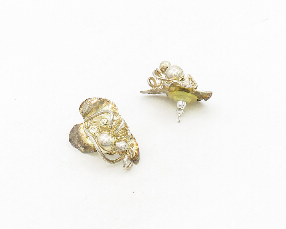 LADDA BIHLER 925 Silver  Vintage Shiny Floral Leaf Motif Drop Earrings  EG9146
