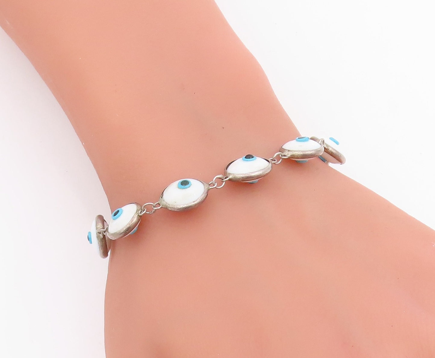 925 Sterling Silver Vintage Bracelet White Evil Eye Enamel Bead Link  BT11821