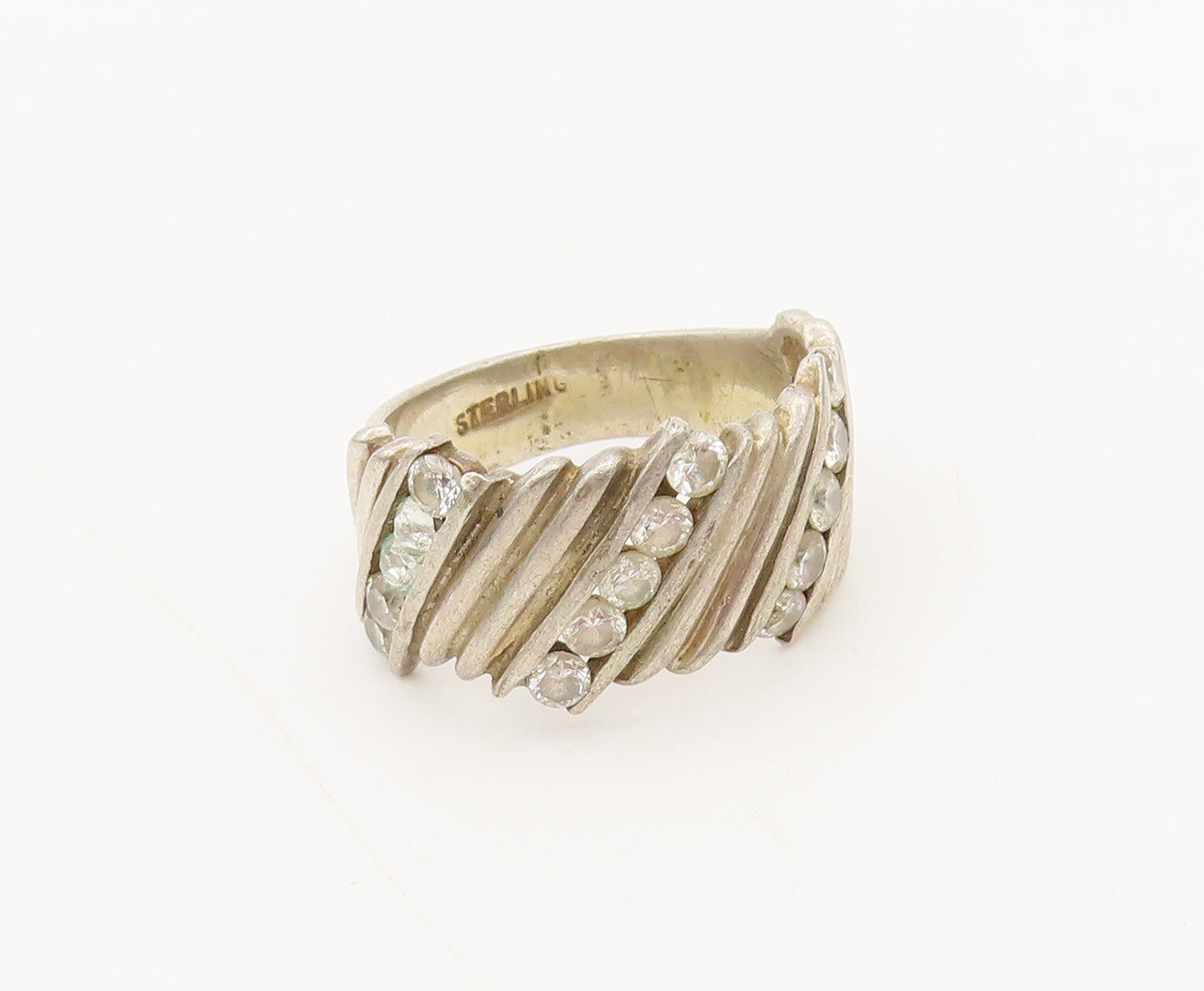 925 Sterling Silver  Vintage Slant Carved Striped Topaz Ring Sz 6.5  RG27205
