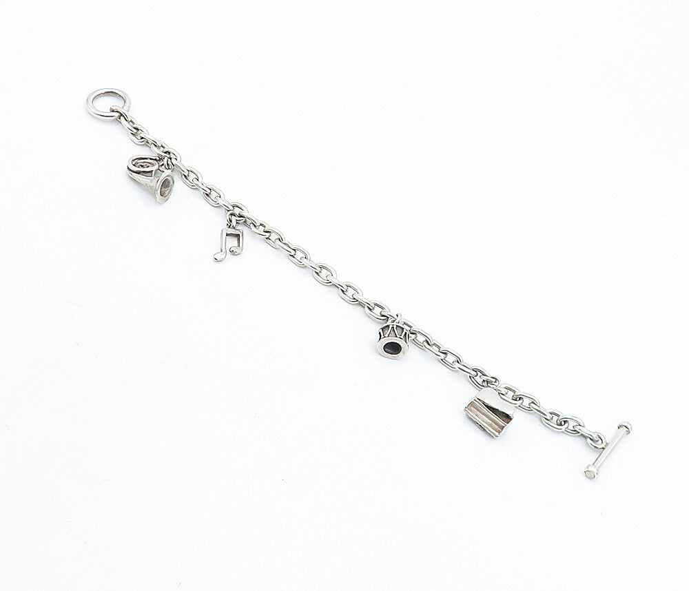 925 Sterling Silver  Vintage Musical Instrument Charmed Chain Bracelet  BT1973