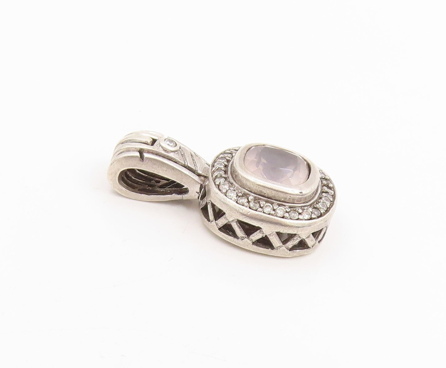 925 Sterling Silver Vintage Pendant Cushion Cut Topaz & Halo CZ Charm  PT25317