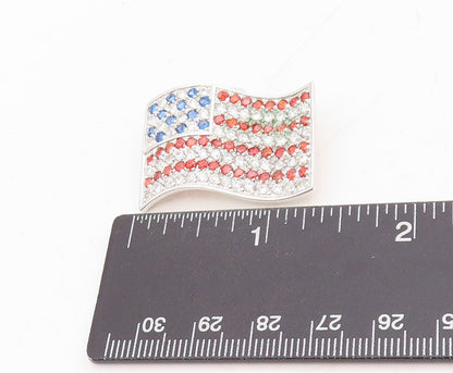 925 Sterling Silver Vintage Brooch Pin 3 Tone CZ Inlay USA Flag  BP11469