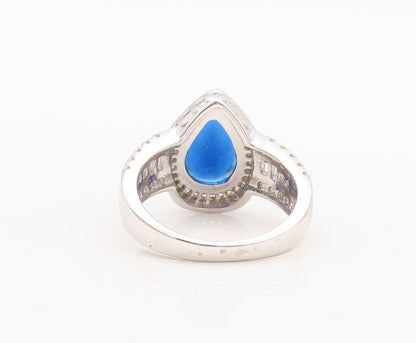 925 Sterling Silver Vintage Ring Drop Cut Sapphire Halo CZ Inlay Sz 7.5  RG30055