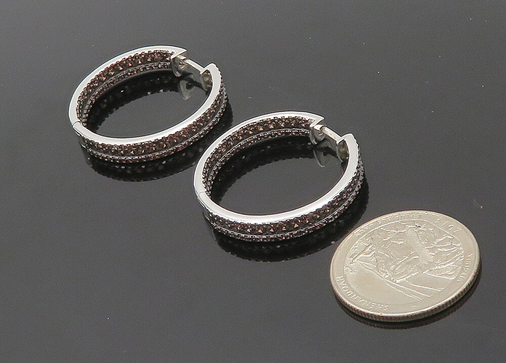 925 Sterling Silver  Vintage Garnet Shiny Round Hoop Earrings  EG10424