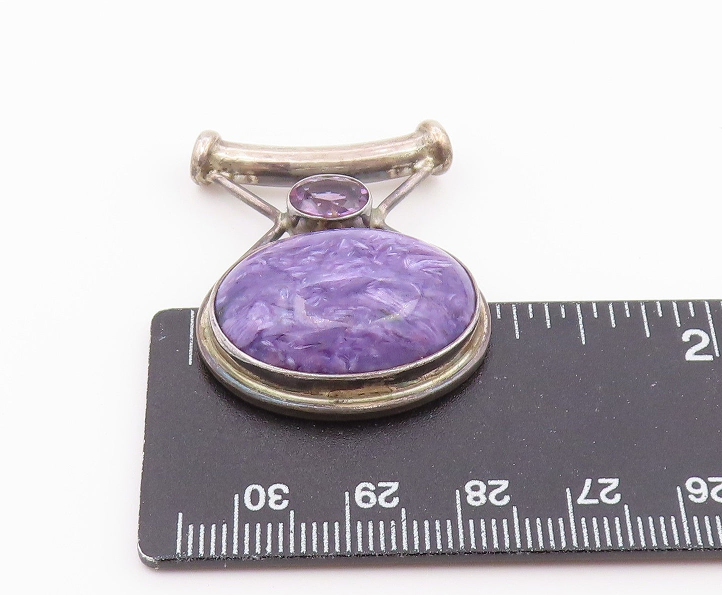 925 Sterling Silver Vintage Pendant SAJEN Oval Charoite & Amethyst Charm PT26426