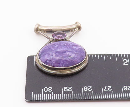 925 Sterling Silver Vintage Pendant SAJEN Oval Charoite & Amethyst Charm PT26426