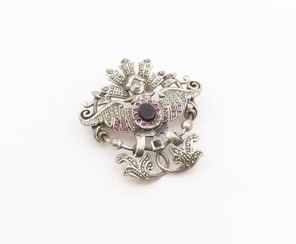 925 Sterling Silver Vintage Brooch Pin Onyx  & Ruby Winged Goddess  BP12590