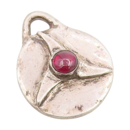 925 Sterling Silver Vintage Pendant Round Ruby Three Pointed Star Medal  PT25446