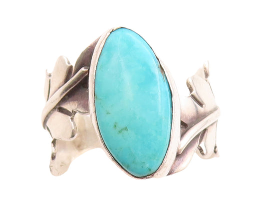 925 Sterling Silver Vintage Ring Cutout Leaf Band Oval Turquoise  Sz 8.5 RG31633