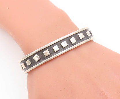 925 Sterling Silver Vintage Bracelet MEXICO Dark Tone Square Carved Cuff BT10955