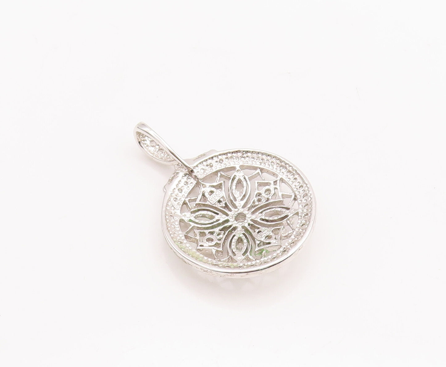 925 Sterling Silver Vintage Pendant Round CZ Inlay Cutout Floral Design  PT23248