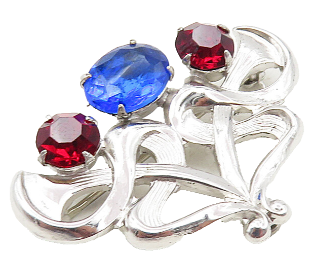 FRENCH 925 Sterling Silver  Red & Blue Topaz Shiny Floral Brooch Pin  BP3563