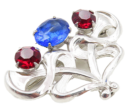 FRENCH 925 Sterling Silver  Red & Blue Topaz Shiny Floral Brooch Pin  BP3563