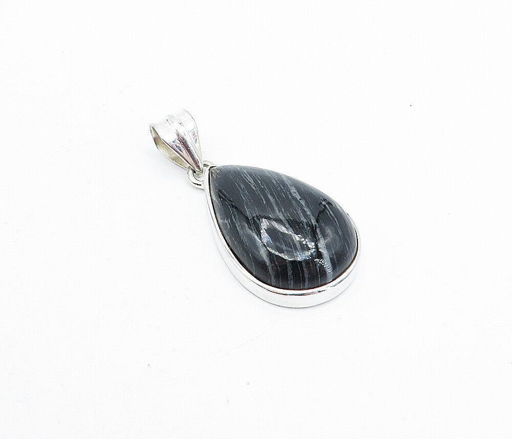 925 Sterling Silver  Cabochon Cut Black Agate Shiny Tear Drop Pendant  PT3123