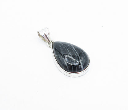 925 Sterling Silver  Cabochon Cut Black Agate Shiny Tear Drop Pendant  PT3123