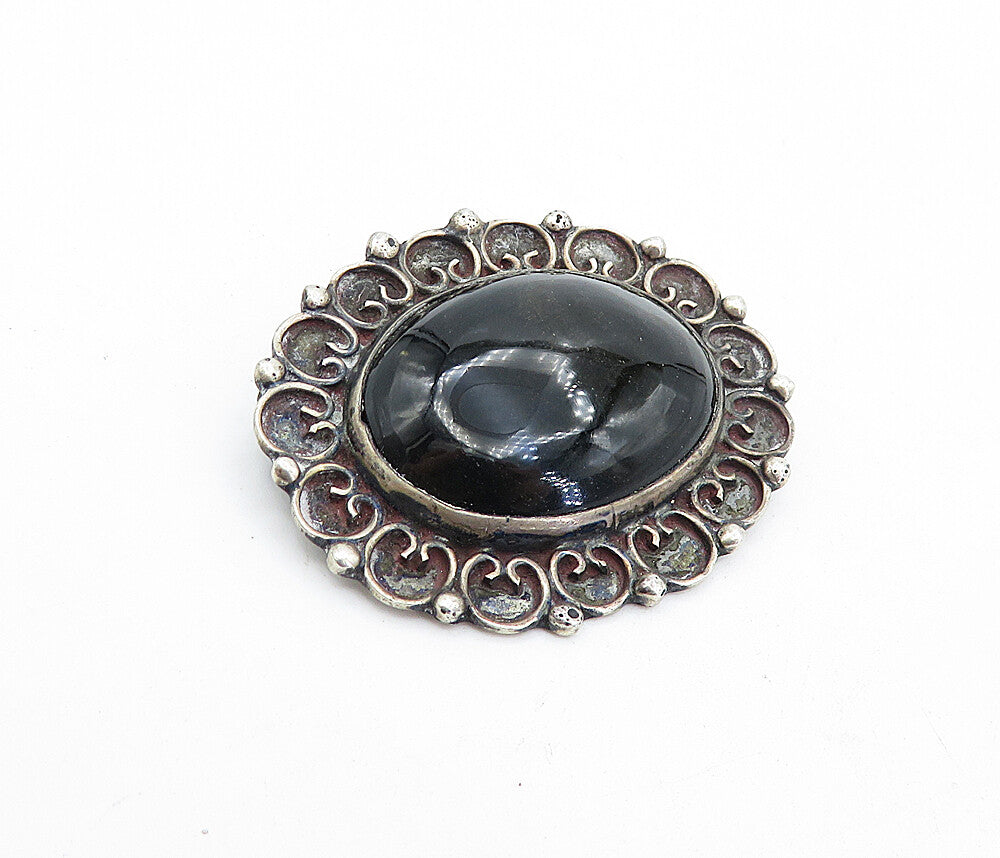 MEXICO 925 Sterling Silver  Vintage Cabochon Cut Black Onyx Brooch Pin  BP1684