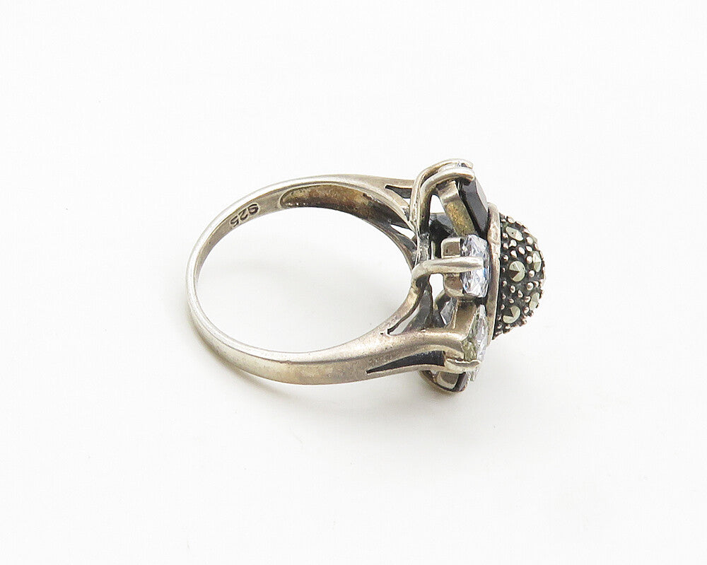 925 Silver  Vintage Cubic Zirconia & Hematite Cocktail Ring Sz 6  RG18027