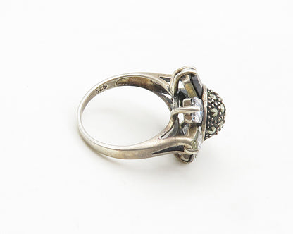 925 Silver  Vintage Cubic Zirconia & Hematite Cocktail Ring Sz 6  RG18027