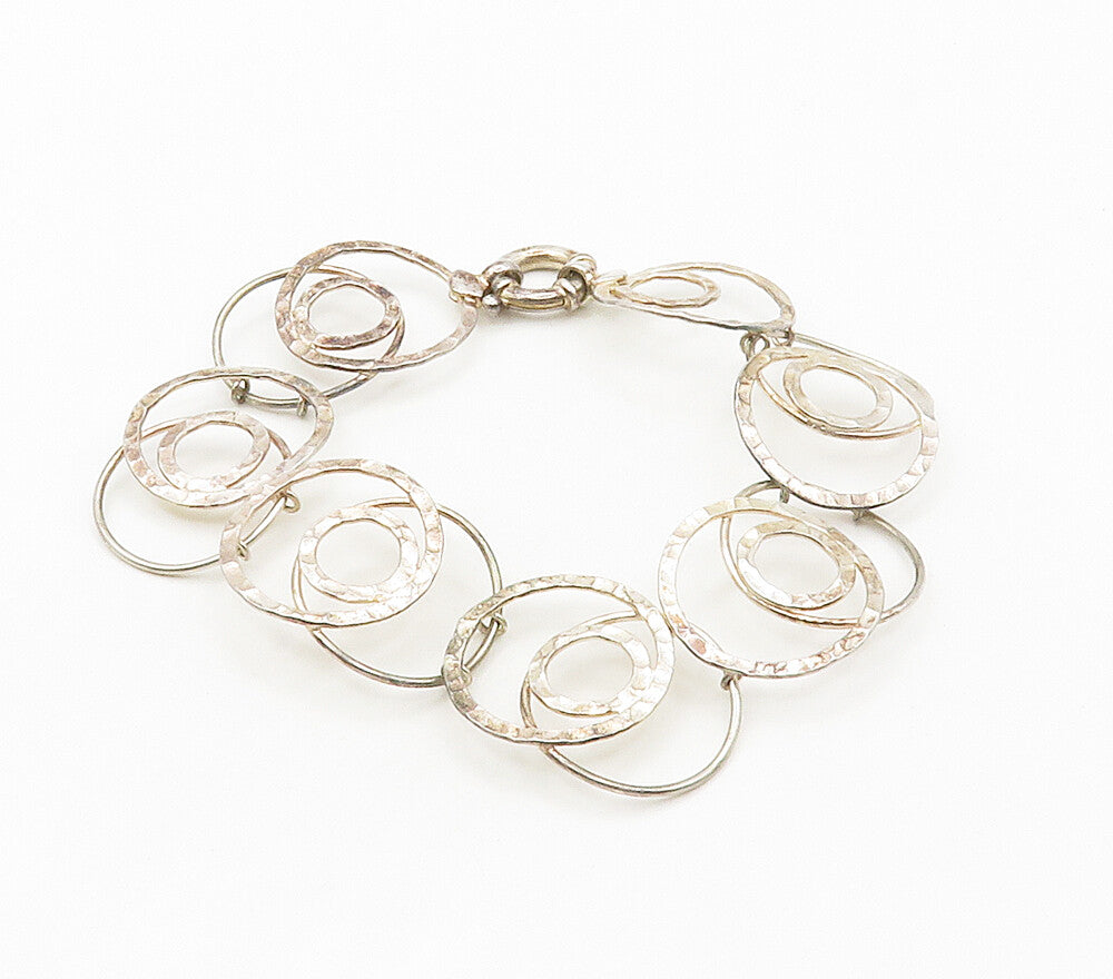 925 Sterling Silver  Vintage Hammered Open Circle Chain Bracelet  BT6116