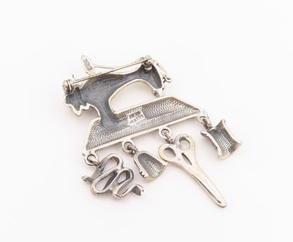925 Sterling Silver Vintage Brooch Sewing Machine With Dangling Charms  BP11686