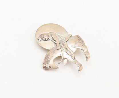 925 Sterling Silver Vintage Brooch Pin NAVAJO Etched Sad Man On Horse  BP10589