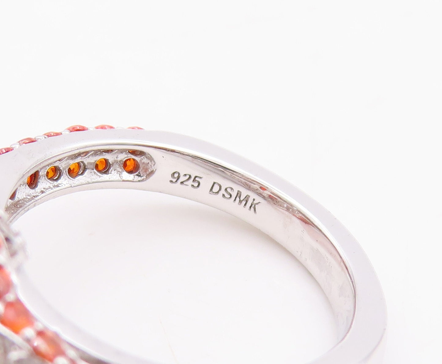 925 Sterling Silver Vintage Ring Designer Orange Red & White CZ  Sz 7  RG29505