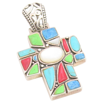 925 Sterling Silver Vintage Pendant Multi Gemstone Religious Cross  PT26534