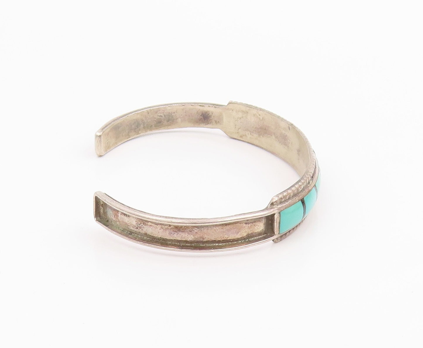 925 Sterling Silver Vintage Bracelet NAVAJO ZUNI Turquoise Inlay Cuff  BT11970