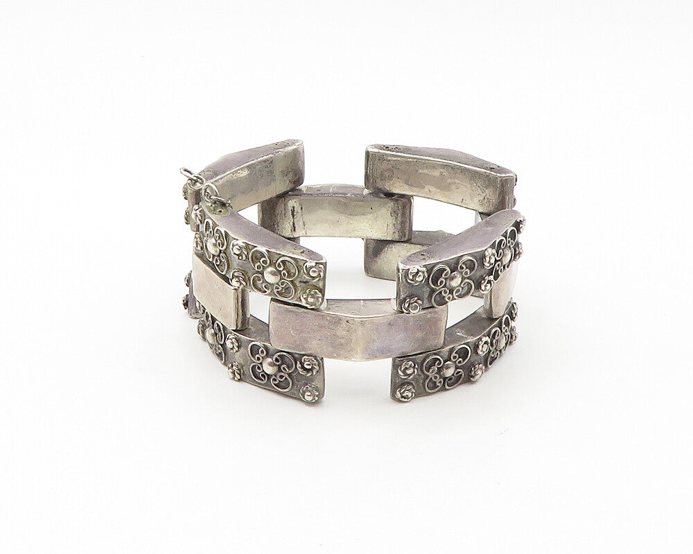 925 Sterling Silver  Vintage Dark Tone Flower Pattern Chain Bracelet  BT6801