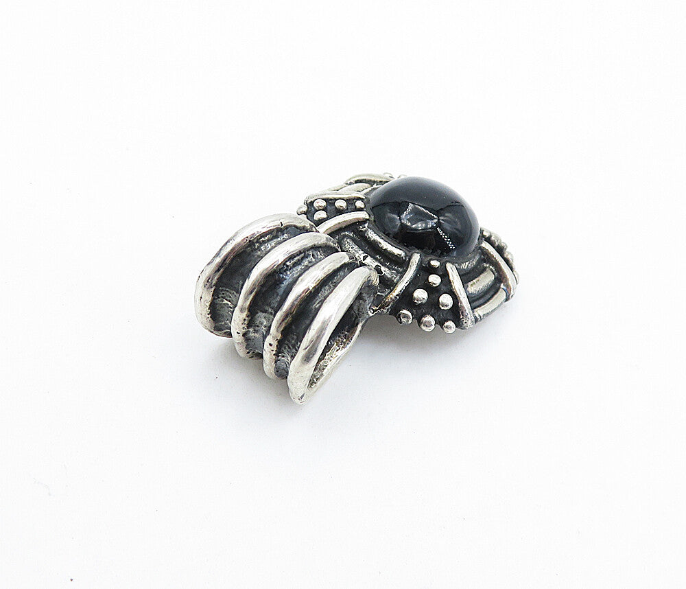 925 Sterling Silver  Vintage Cabochon Cut Black Onyx Fluted Pendant  PT4102