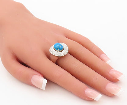 925 Sterling Silver Vintage Ring Cabochon Turquoise Halo Topaz  Sz 8  RG31020