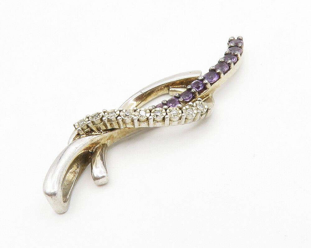 925 Sterling Silver  Genuine Diamonds & Amethyst Shiny Swirl Pendant  PT10567