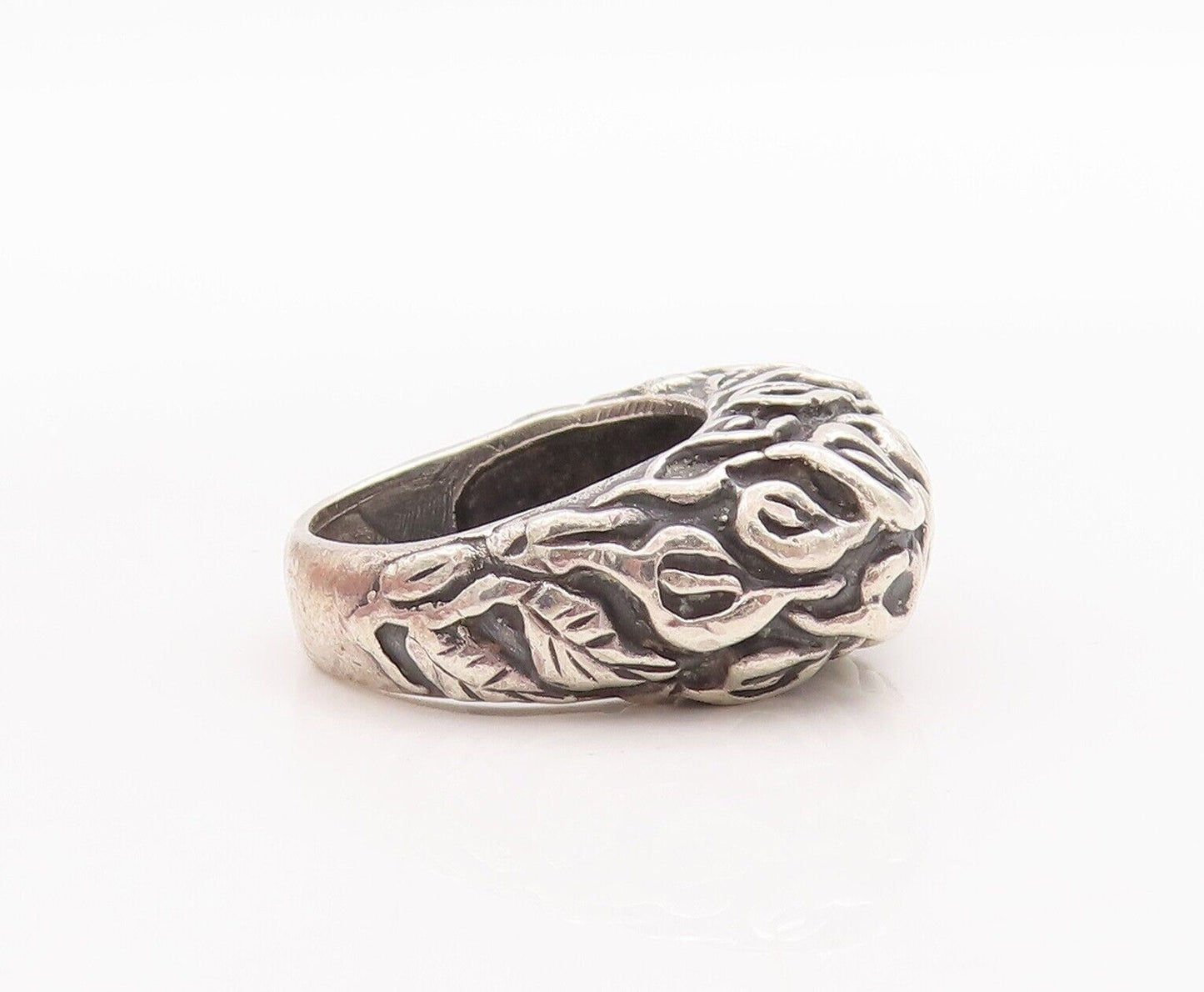 925 Sterling Silver Vintage Ring Solid Domed Carved Leaves  Sz 6 RG28642