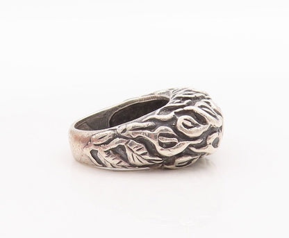 925 Sterling Silver Vintage Ring Solid Domed Carved Leaves  Sz 6 RG28642