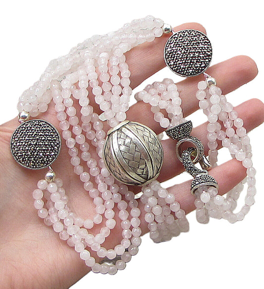 925 Sterling Silver  Vintage Marcasite & Beaded Rose Quartz Necklace  PT1436