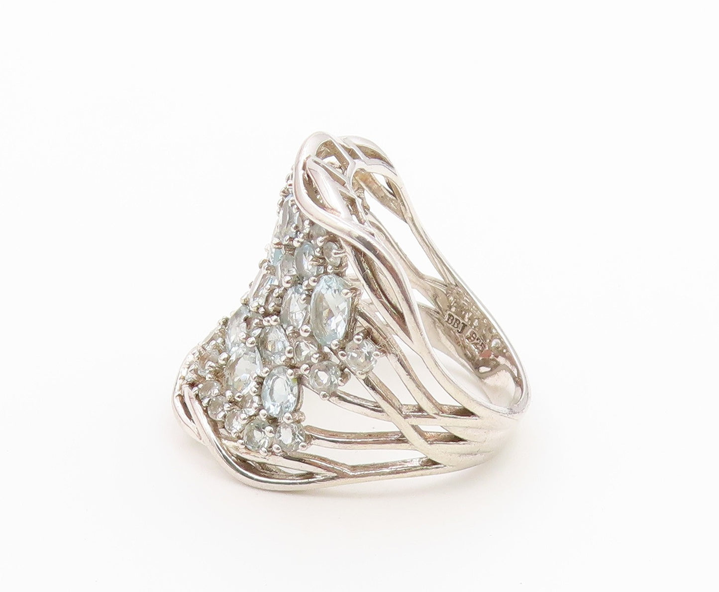 925 Sterling Silver Vintage Ring Aquamarine Cluster Statement Band Sz 12 RG36739