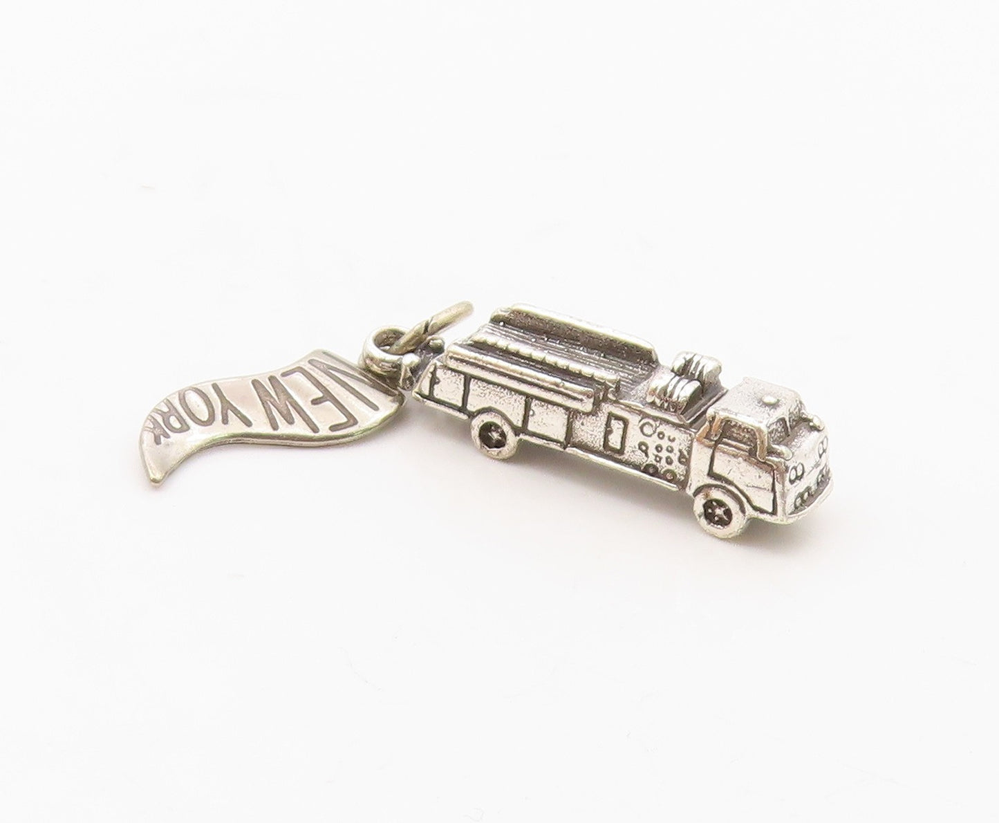 925 Sterling Silver  Vintage Petite Fire Truck New York Flag Pendant  PT9071
