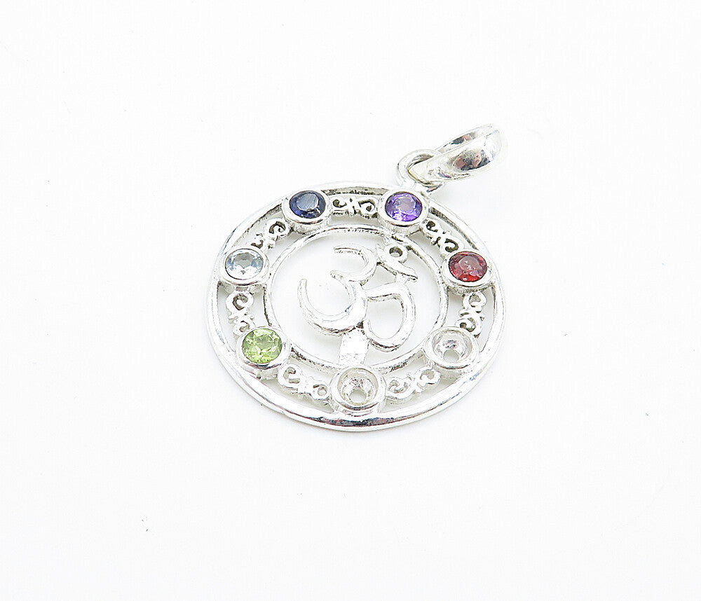 925 Sterling Silver  Topaz Aquamarine Peridot & Amethyst Om Pendant  PT5583