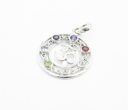 925 Sterling Silver  Topaz Aquamarine Peridot & Amethyst Om Pendant  PT5583