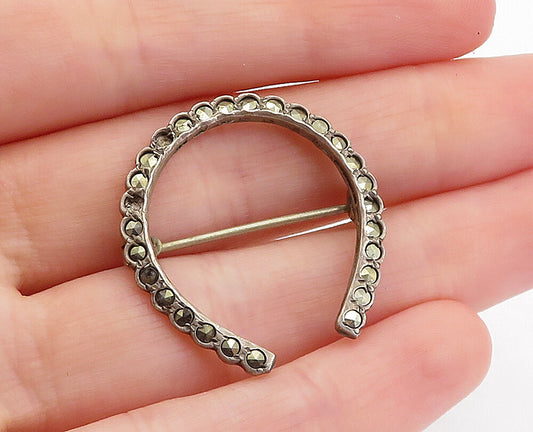 925 Sterling Silver Vintage Marcasite Decorated Horse Shoe Brooch Pin BP2450
