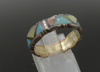 ZUNI NAVAJO 925 Silver  Vintage Turquoise & Mother Of Pearl Ring Sz 8  RG22896